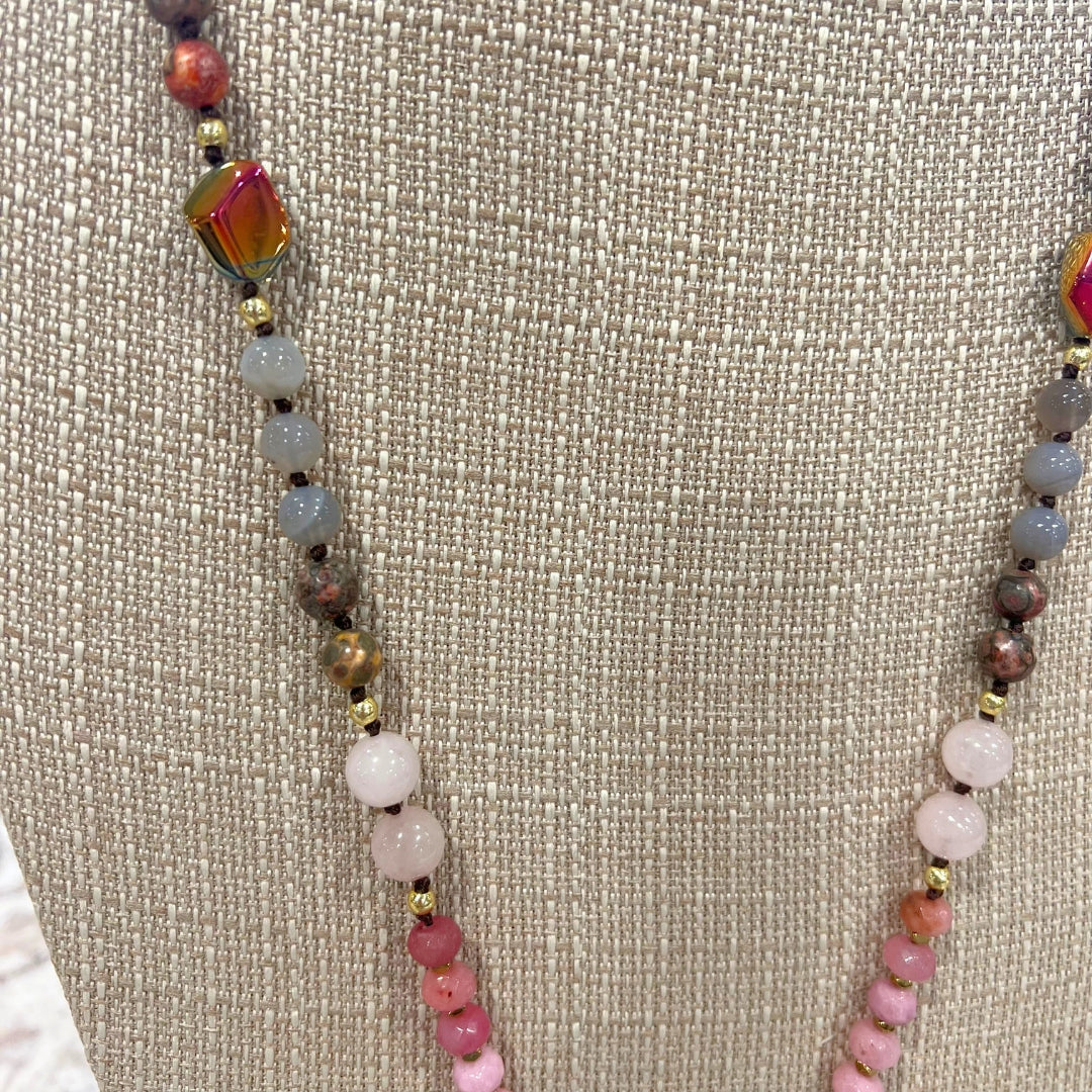 Two Stone Pendant Beaded Stone Necklace