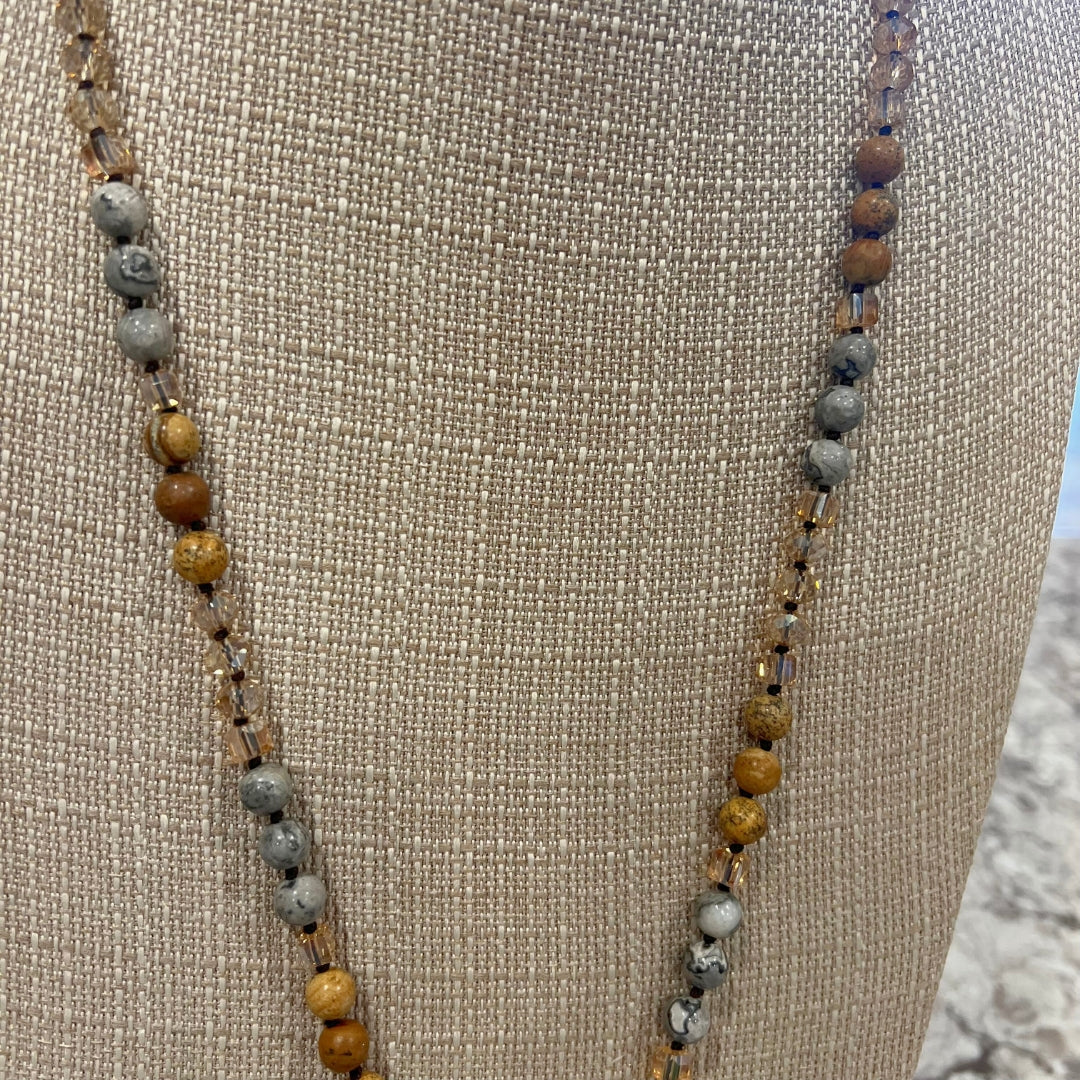 Two Stone Pendant Beaded Stone Necklace