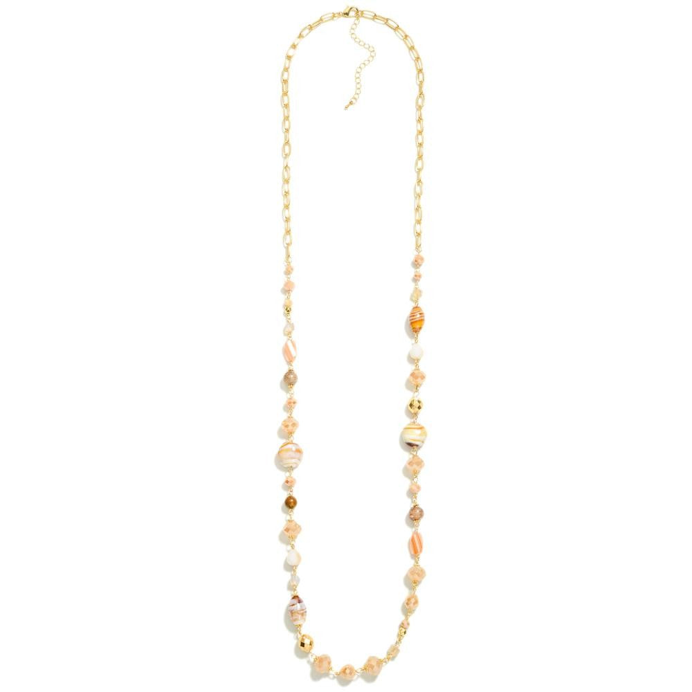 Long Gold Chain Link Necklace Featuring Glass & Faceted Beads