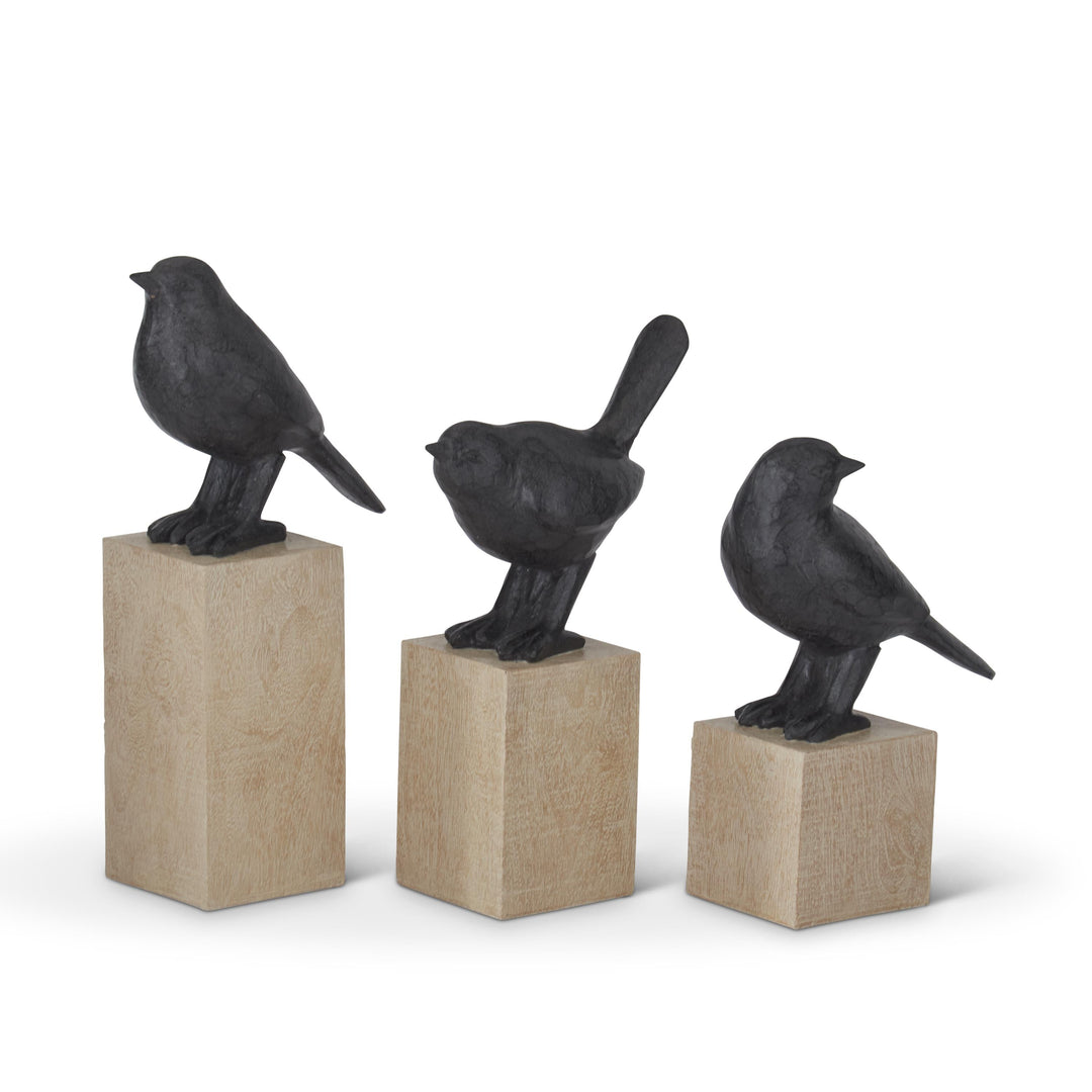 Faux Cast Iron Birds on Wood Block Pedestals