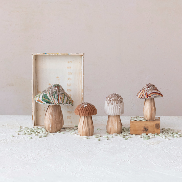 Fabric Topped Mushrooms with Wood Base