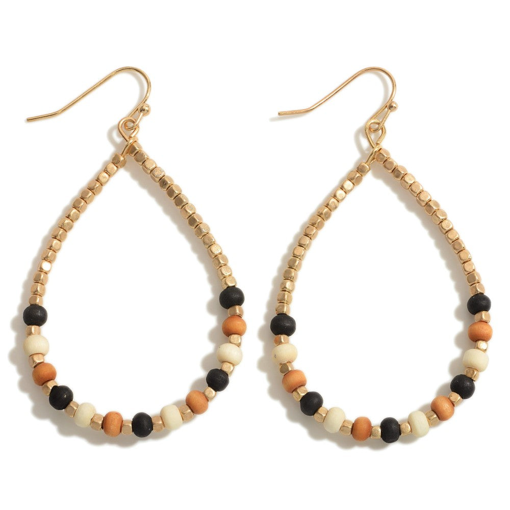 Gold Tone Wood Bead Drop Earrings