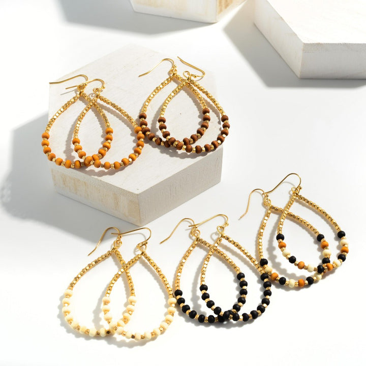 Gold Tone Wood Bead Drop Earrings