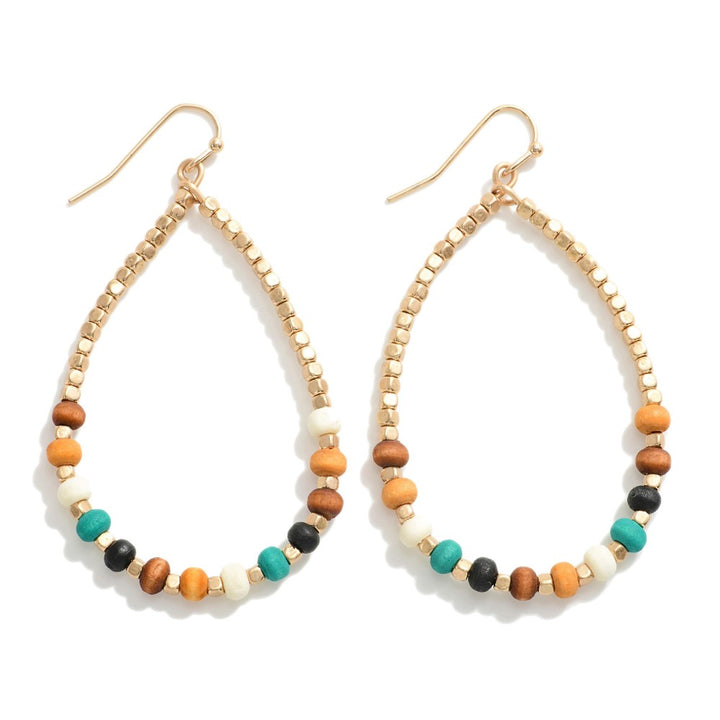 Gold Tone Wood Bead Drop Earrings