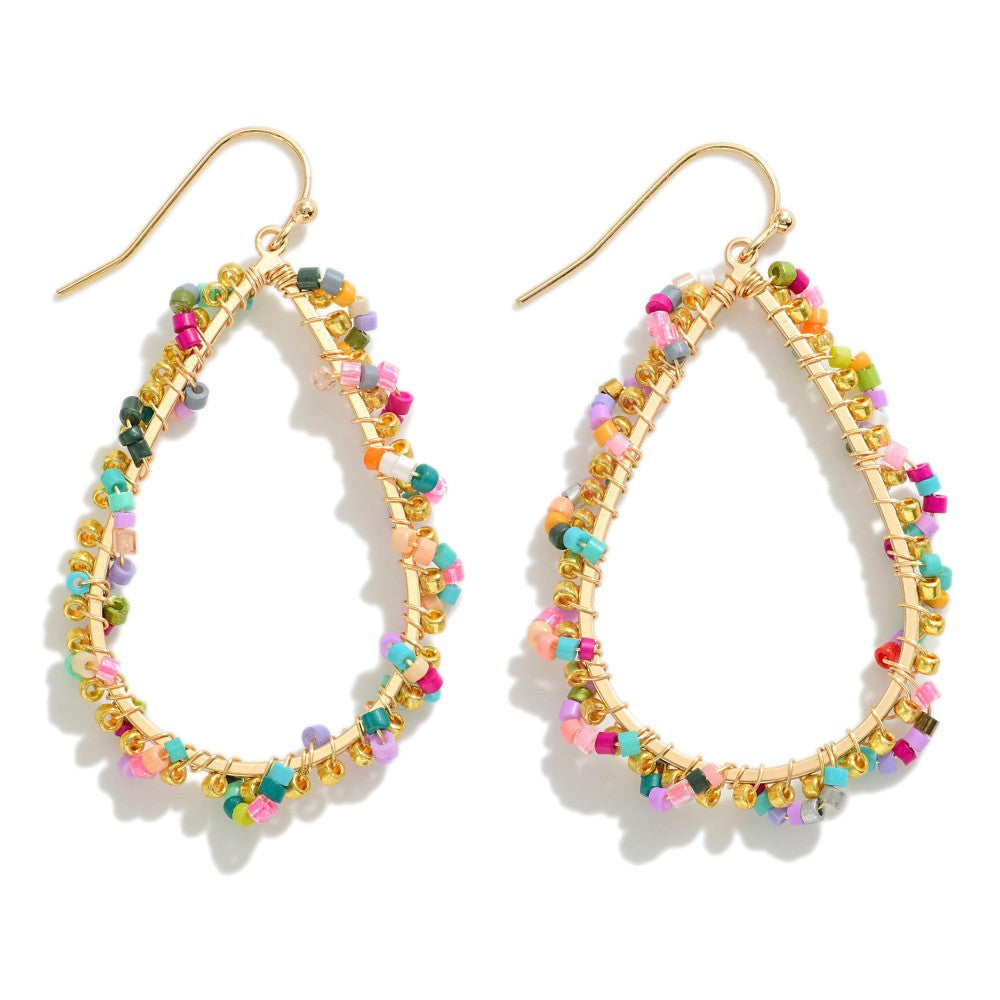 Gold Tone Teardrop Earring With Wrapped Beaded Details