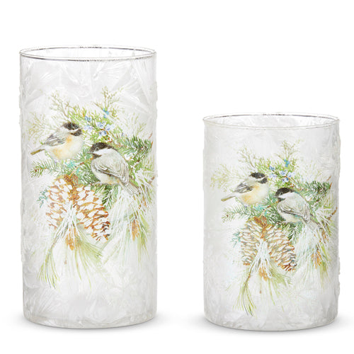 Frosted Chickadee and Pine Glass Votives