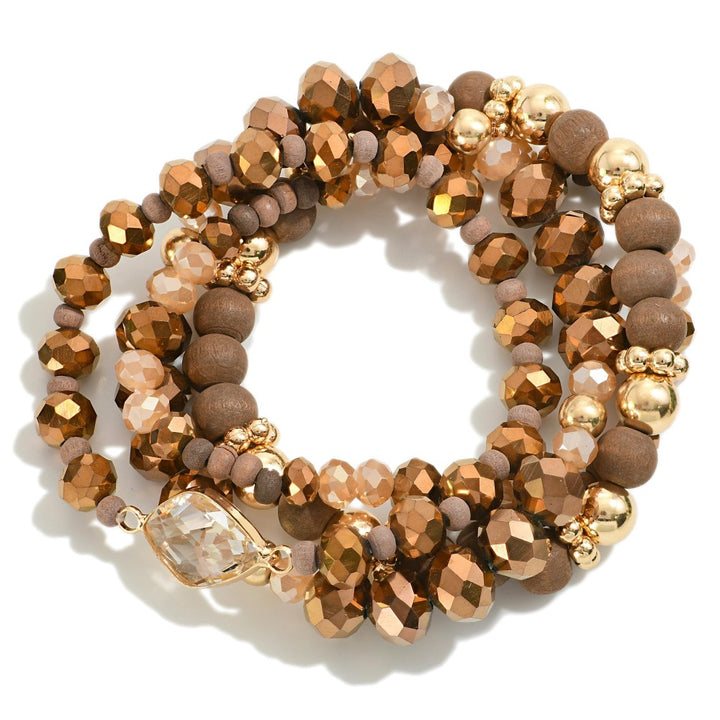 Faceted and Wood Beaded Stretch Bracelet Sets with Rhinestone