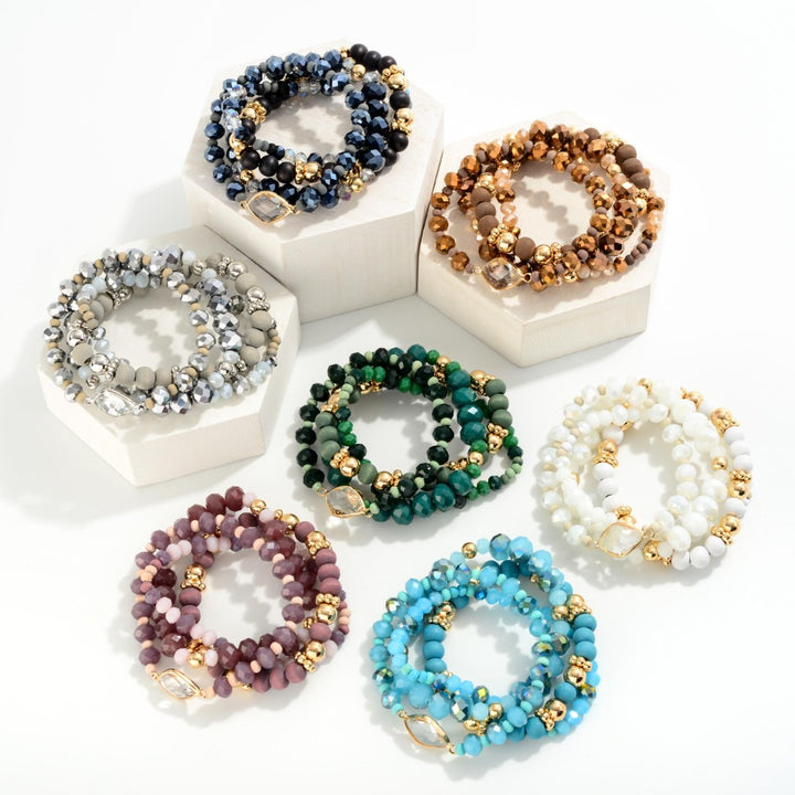 Faceted and Wood Beaded Stretch Bracelet Sets with Rhinestone