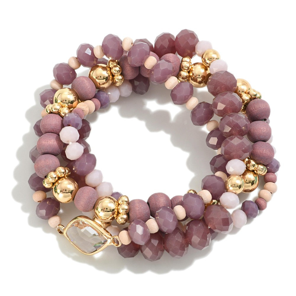 Faceted and Wood Beaded Stretch Bracelet Sets with Rhinestone