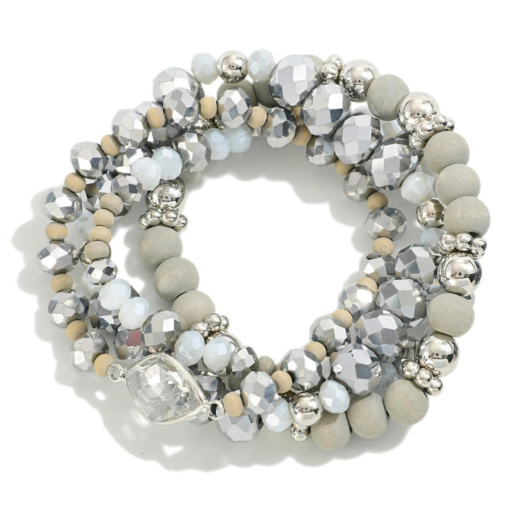 Faceted and Wood Beaded Stretch Bracelet Sets with Rhinestone