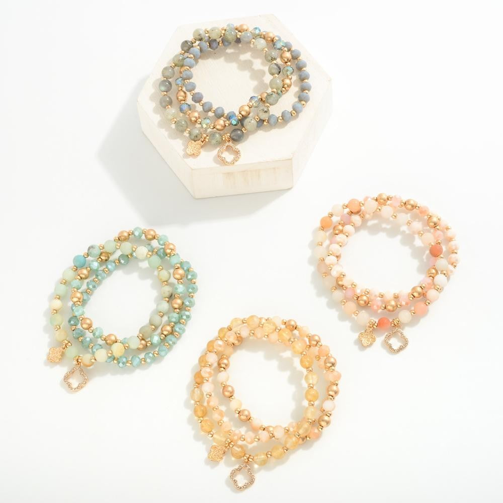 Set of Four Beaded Stretch Bracelets Featuring Clover Charms