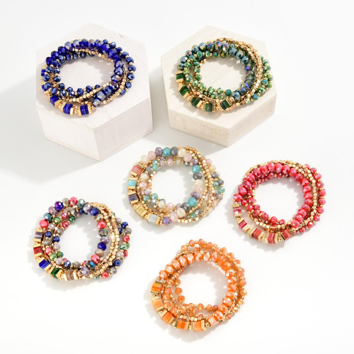 Beaded Stretch Bracelets Featuring Faceted Glass and Square Natural Stone Beads