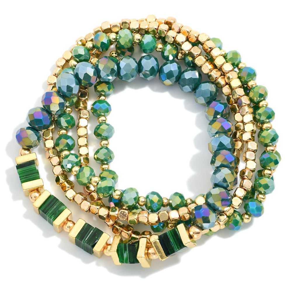 Beaded Stretch Bracelets Featuring Faceted Glass and Square Natural Stone Beads