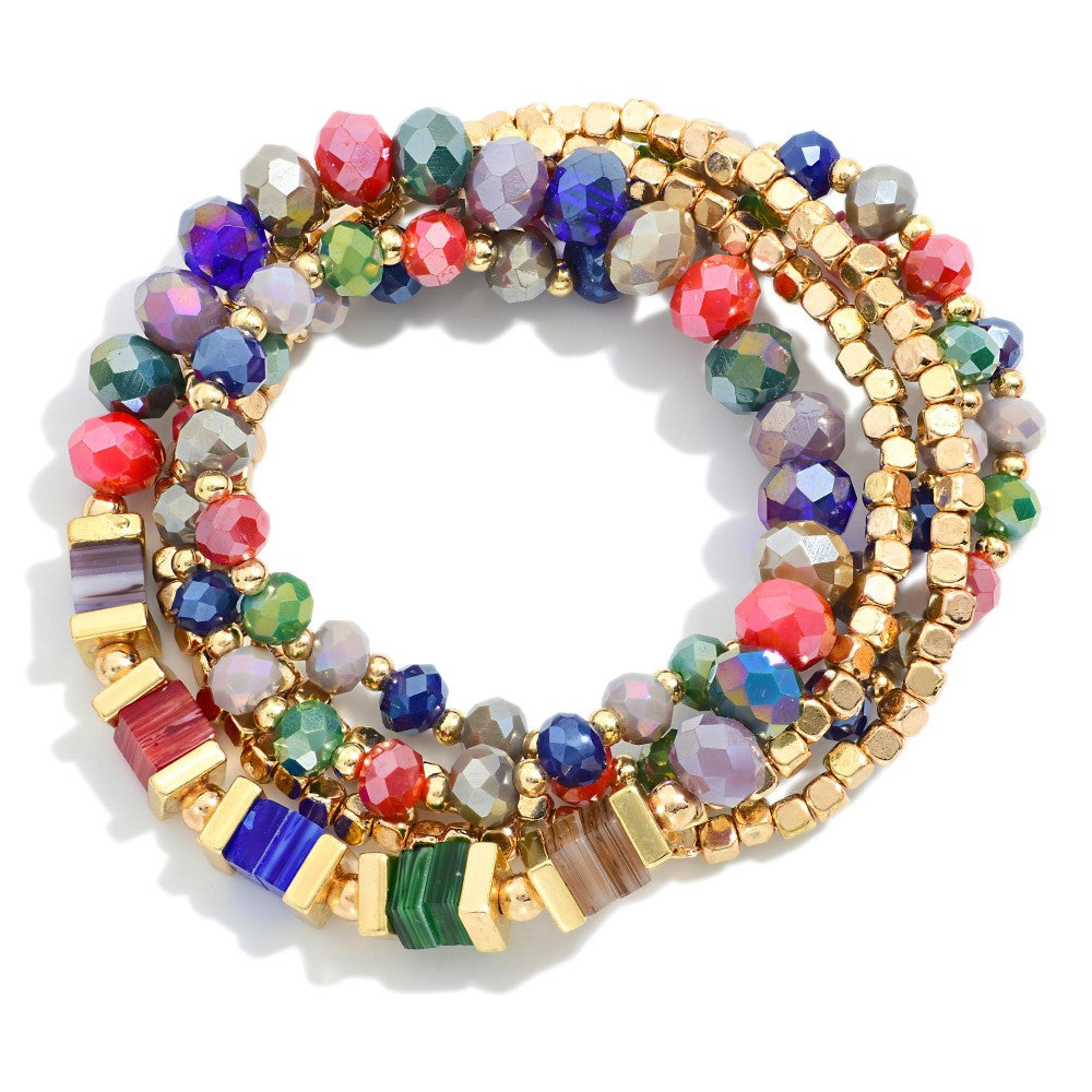 Beaded Stretch Bracelets Featuring Faceted Glass and Square Natural Stone Beads