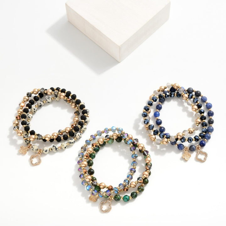 Stone, Faceted Beads, & Clover Charm Beaded Bracelet Sets