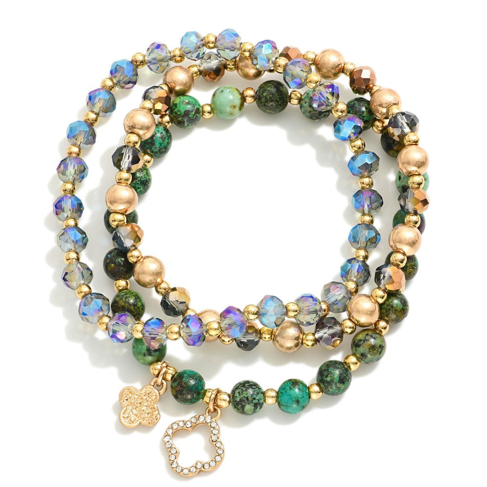 Stone, Faceted Beads, & Clover Charm Beaded Bracelet Sets