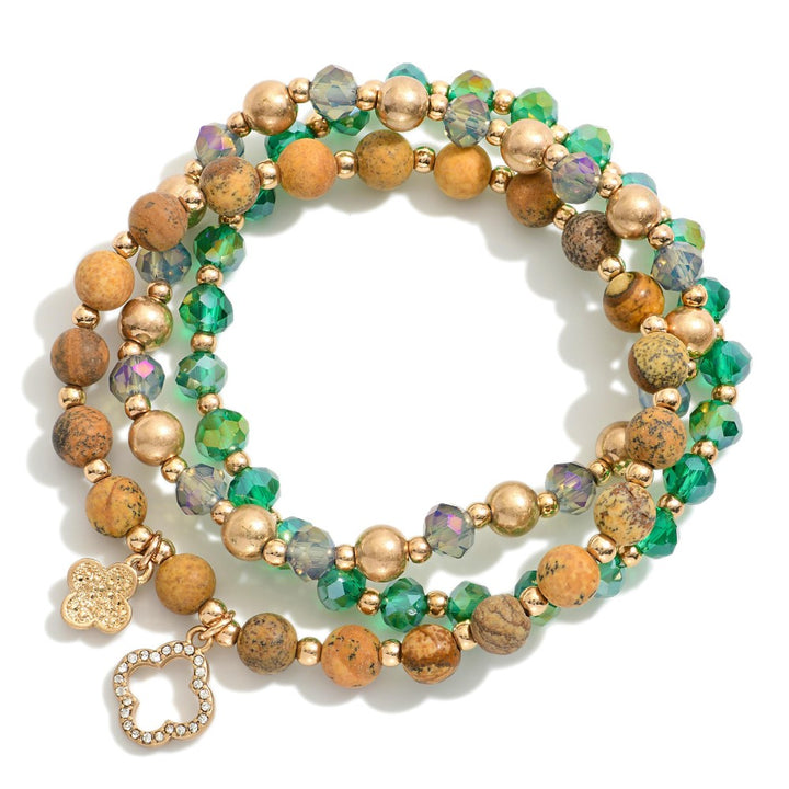 Stone, Faceted Beads, & Clover Charm Beaded Bracelet Sets