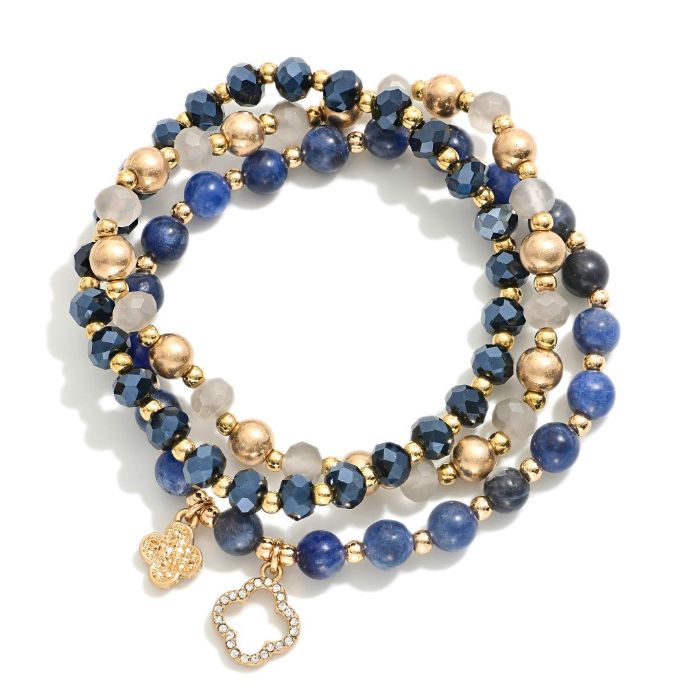 Stone, Faceted Beads, & Clover Charm Beaded Bracelet Sets