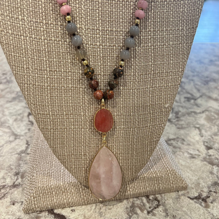 Two Stone Pendant Beaded Stone Necklace