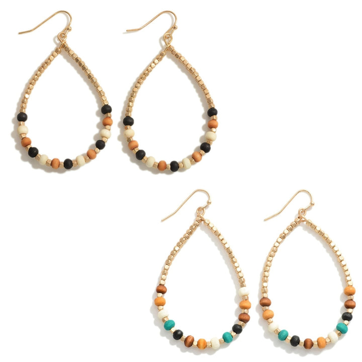 Gold Tone Wood Bead Drop Earrings