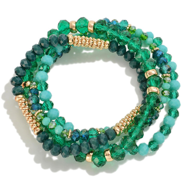 Faceted Beaded Stretch Bracelet Sets With Mesh Bead Accents