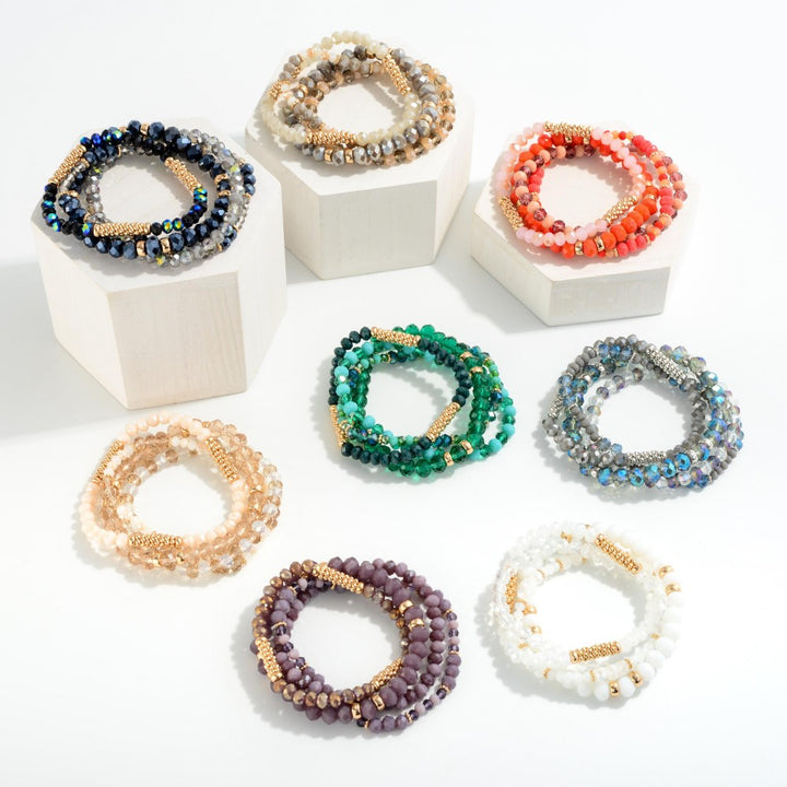 Faceted Beaded Stretch Bracelet Sets With Mesh Bead Accents