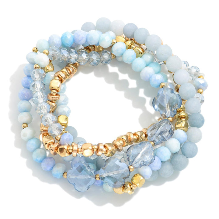 Faceted Glass Crystal Clover Natural Stone Beaded Stretch Bracelet Set