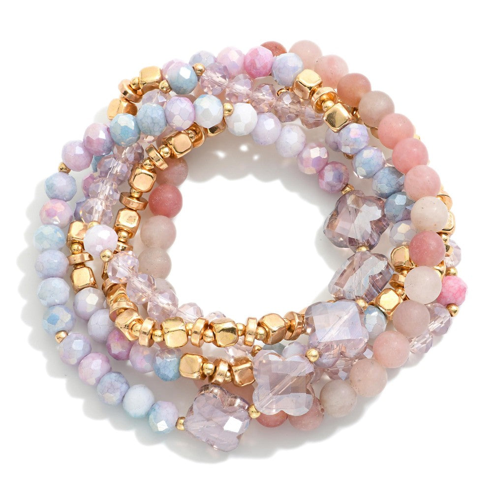 Faceted Glass Crystal Clover Natural Stone Beaded Stretch Bracelet Set