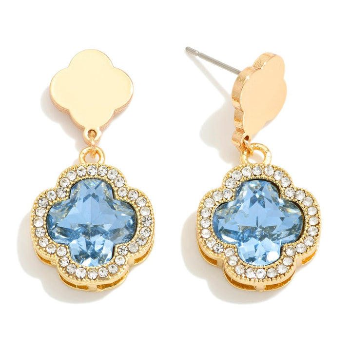 Glass Crystal Clover Drop Earrings With Rhinestone Border