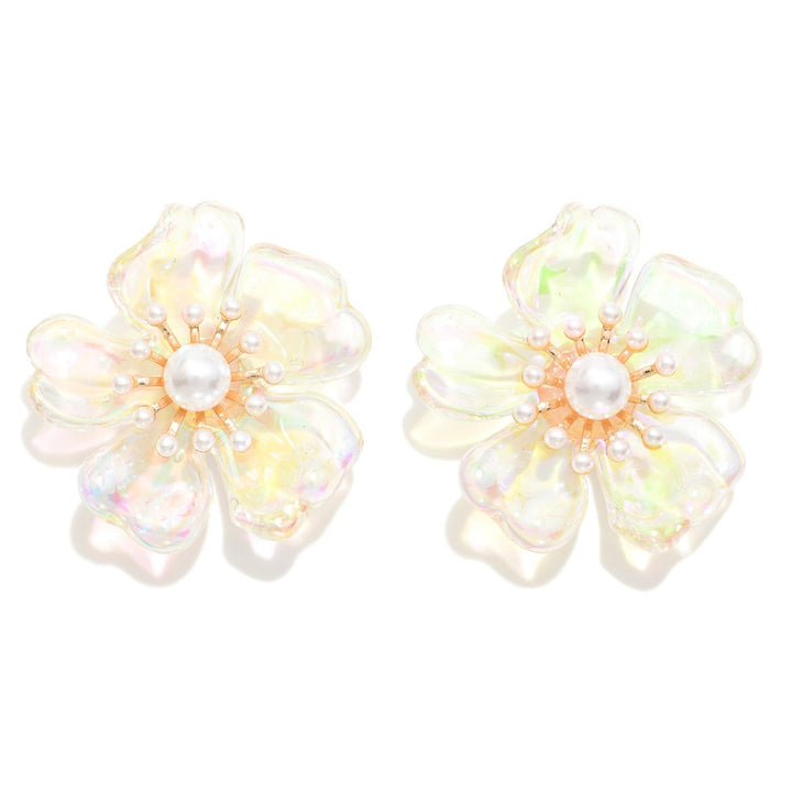 Iridescent and Pearl Flower Oversized Stud Earrings