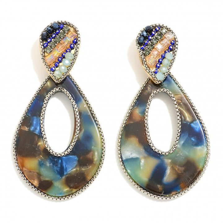 Marbled Acetate Teardrop Drop Earrings With Beaded Inverted Teardrop Posts