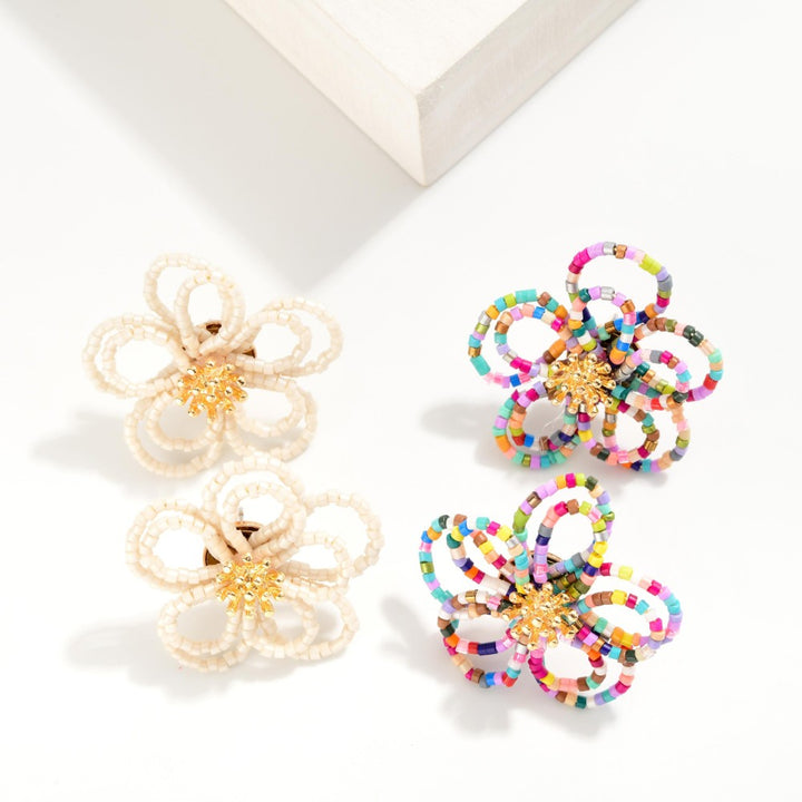 Seed Beaded Flower Oversized Stud Earrings