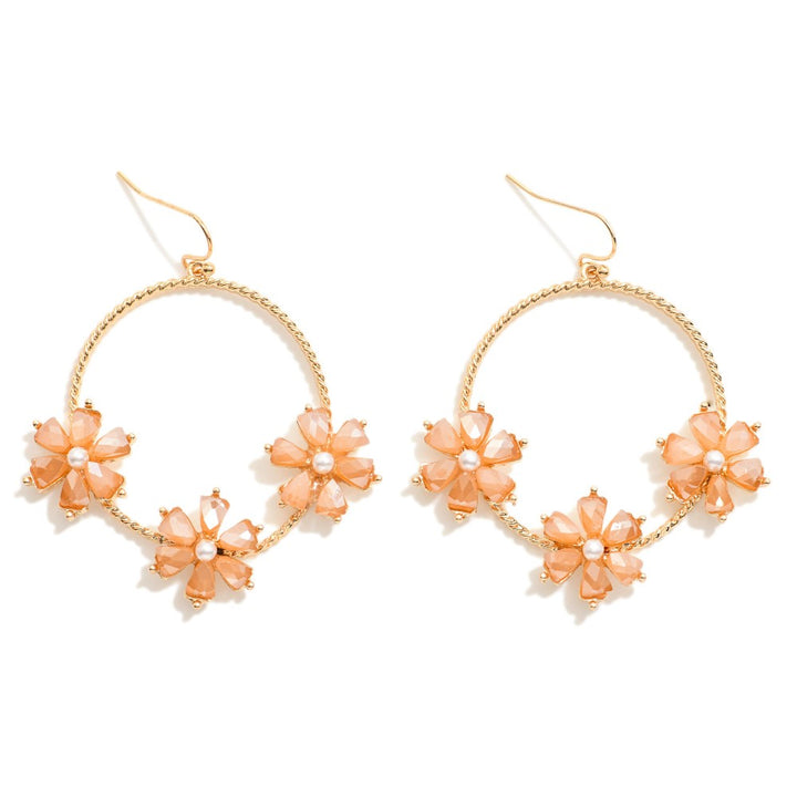 Twisted Hoop Drop Earrings With Rhinestone and Pearl Flowers