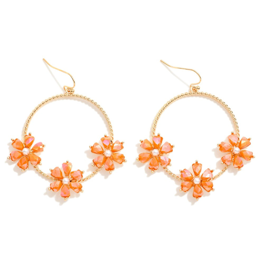 Twisted Hoop Drop Earrings With Rhinestone and Pearl Flowers