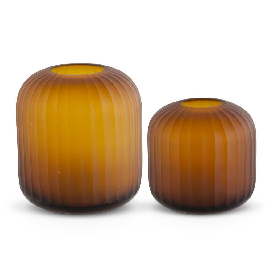 Small Handmade Ribbed Amber Glass Vase