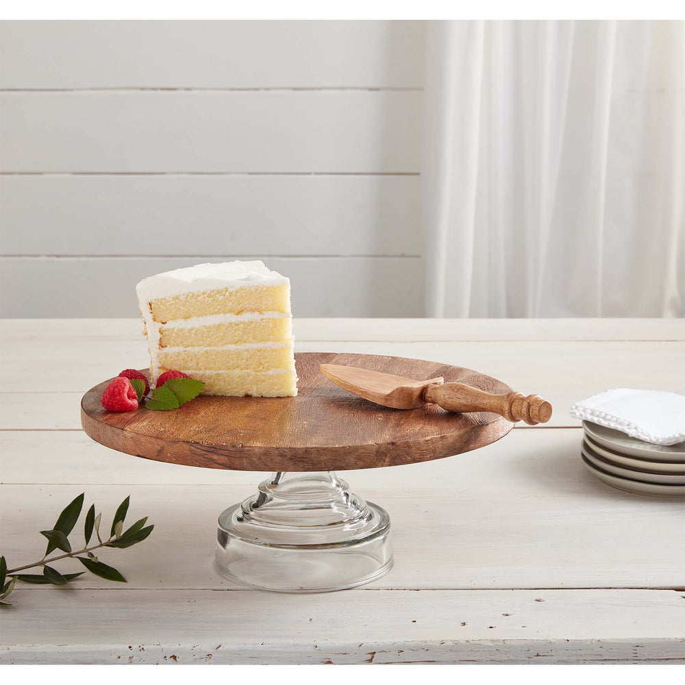 wood and glass cake stand set